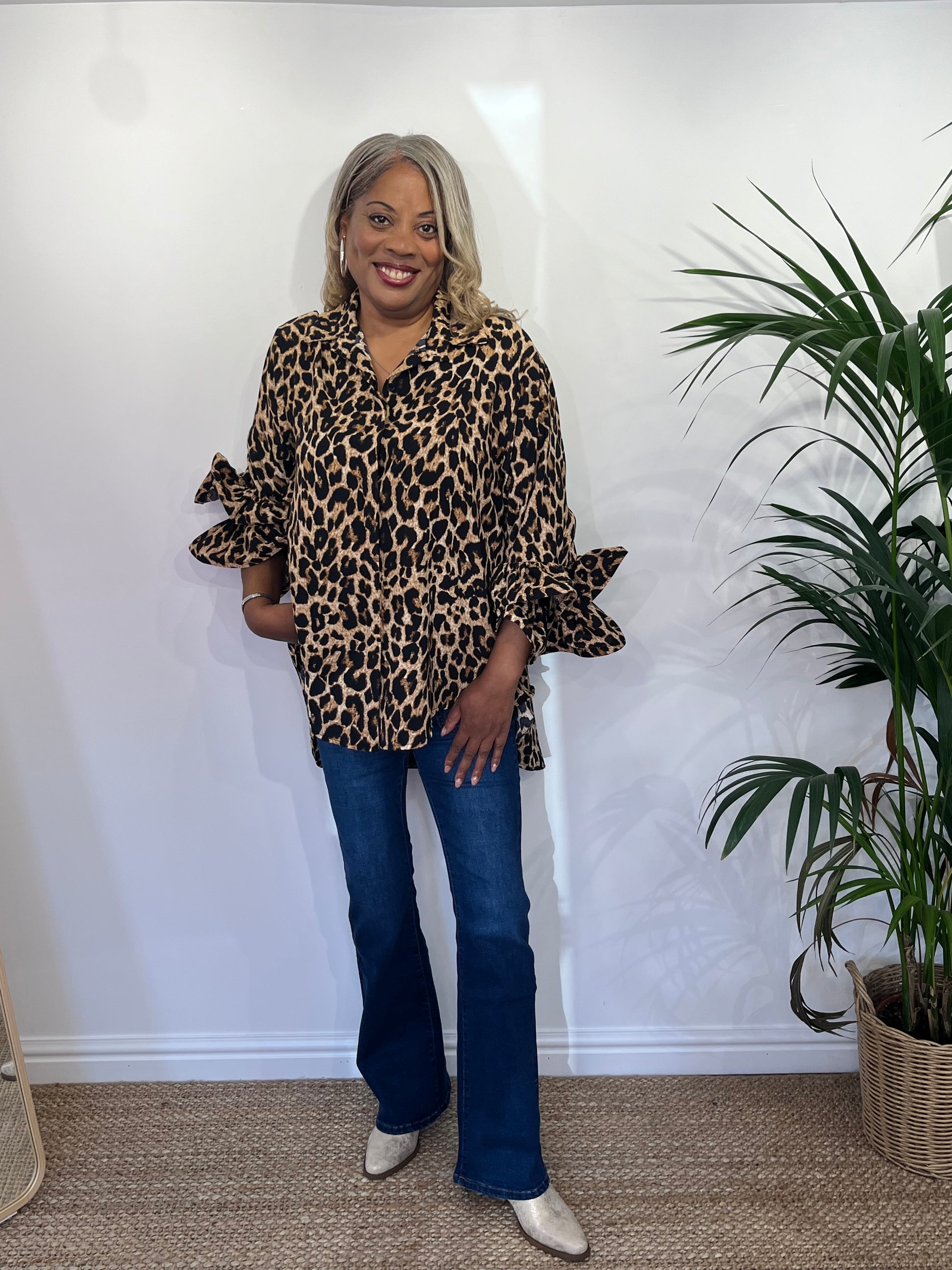 FIDELMA Flute Sleeve Animal Print Shirt