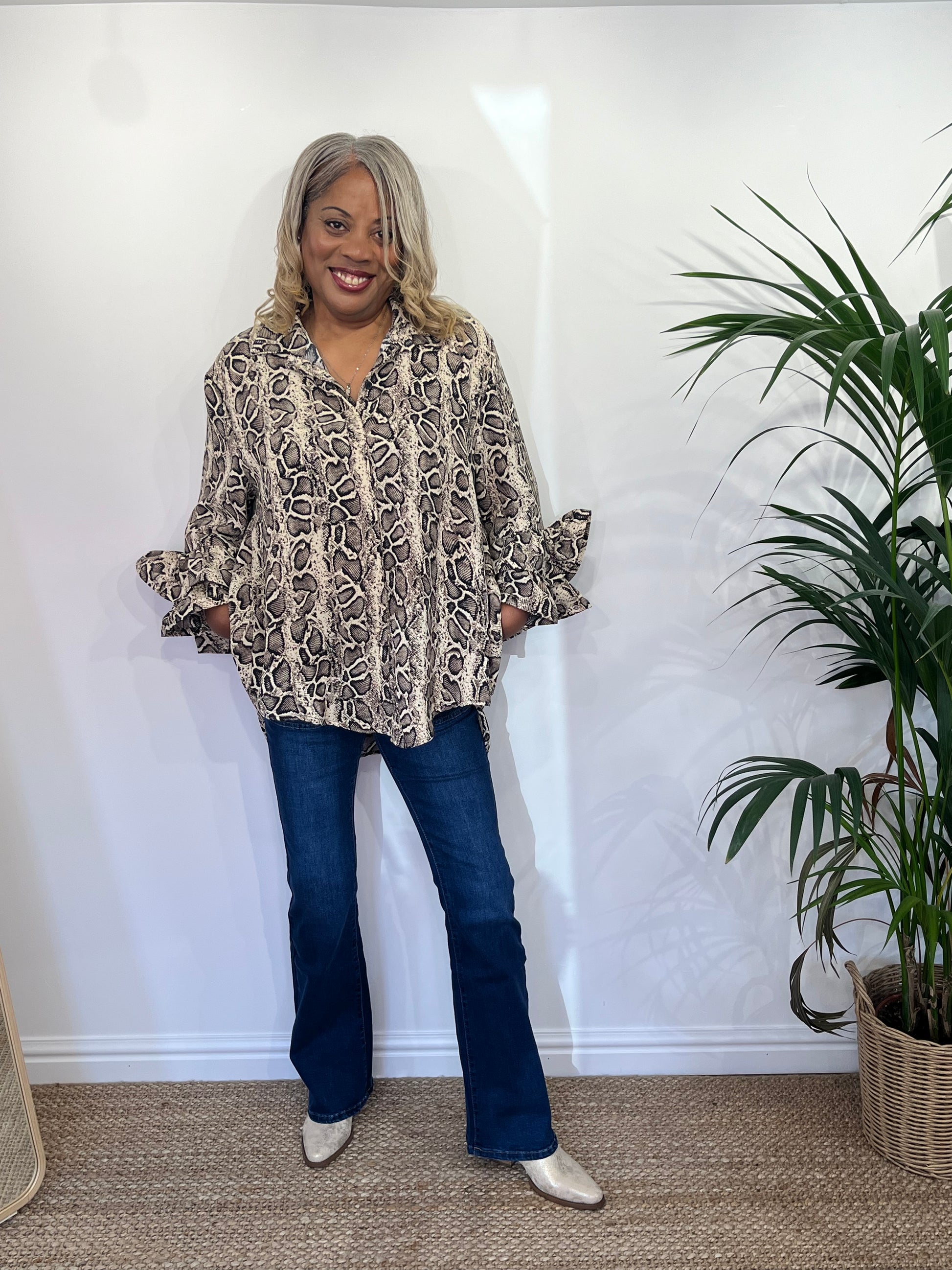 FIDELMA Flute Sleeve Animal Print Shirt