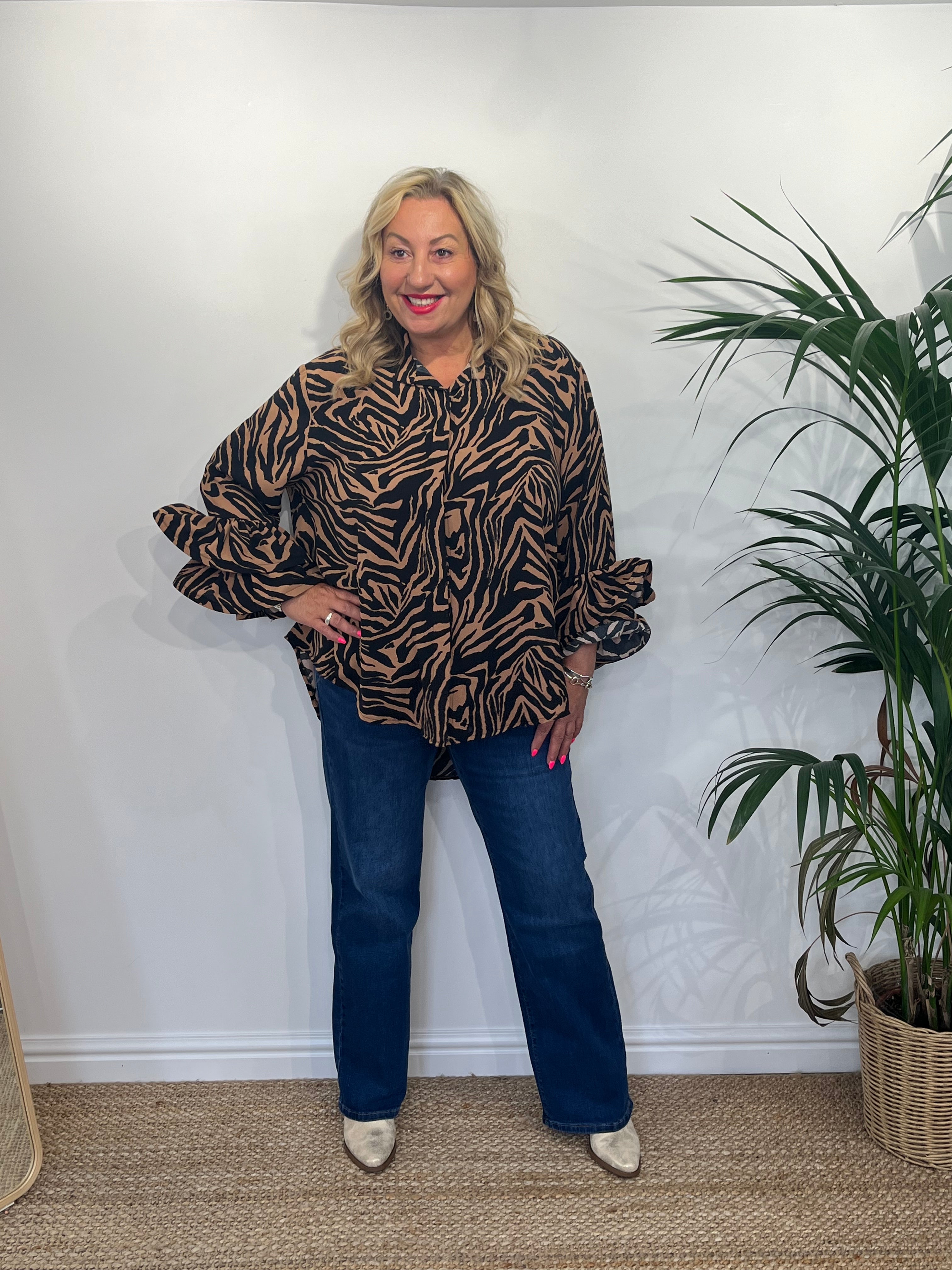 FIDELMA Flute Sleeve Animal Print Shirt