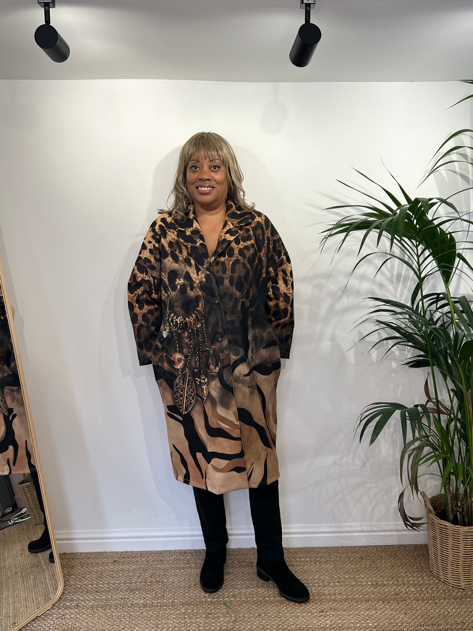 ALEX Animal Print Longline Duster Coat