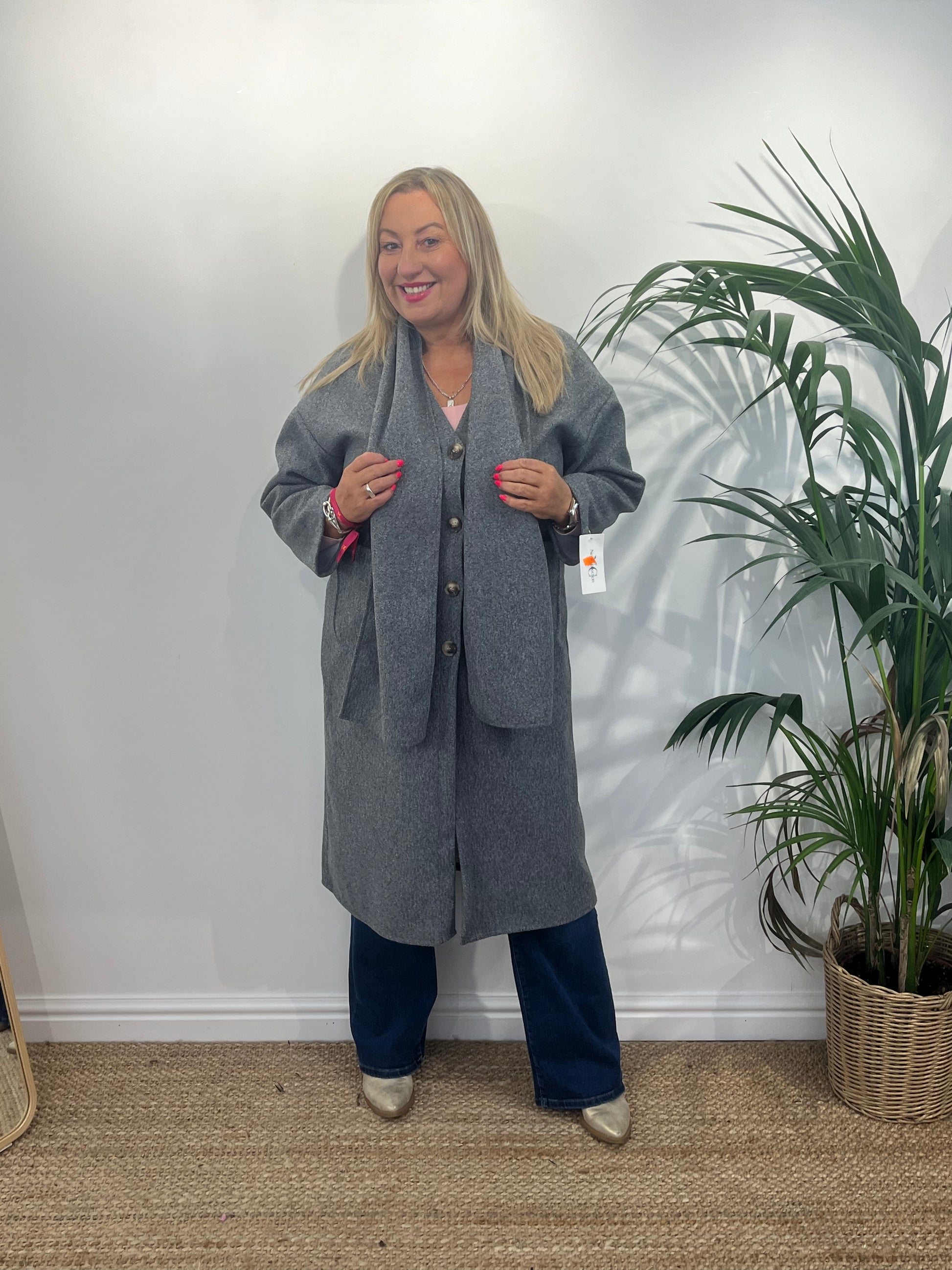 BRIDGET Button Up Duster Coat With Scarf