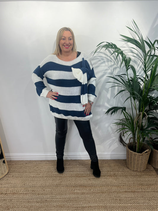 BELLE Bow Stripe Chunky Knit Jumper