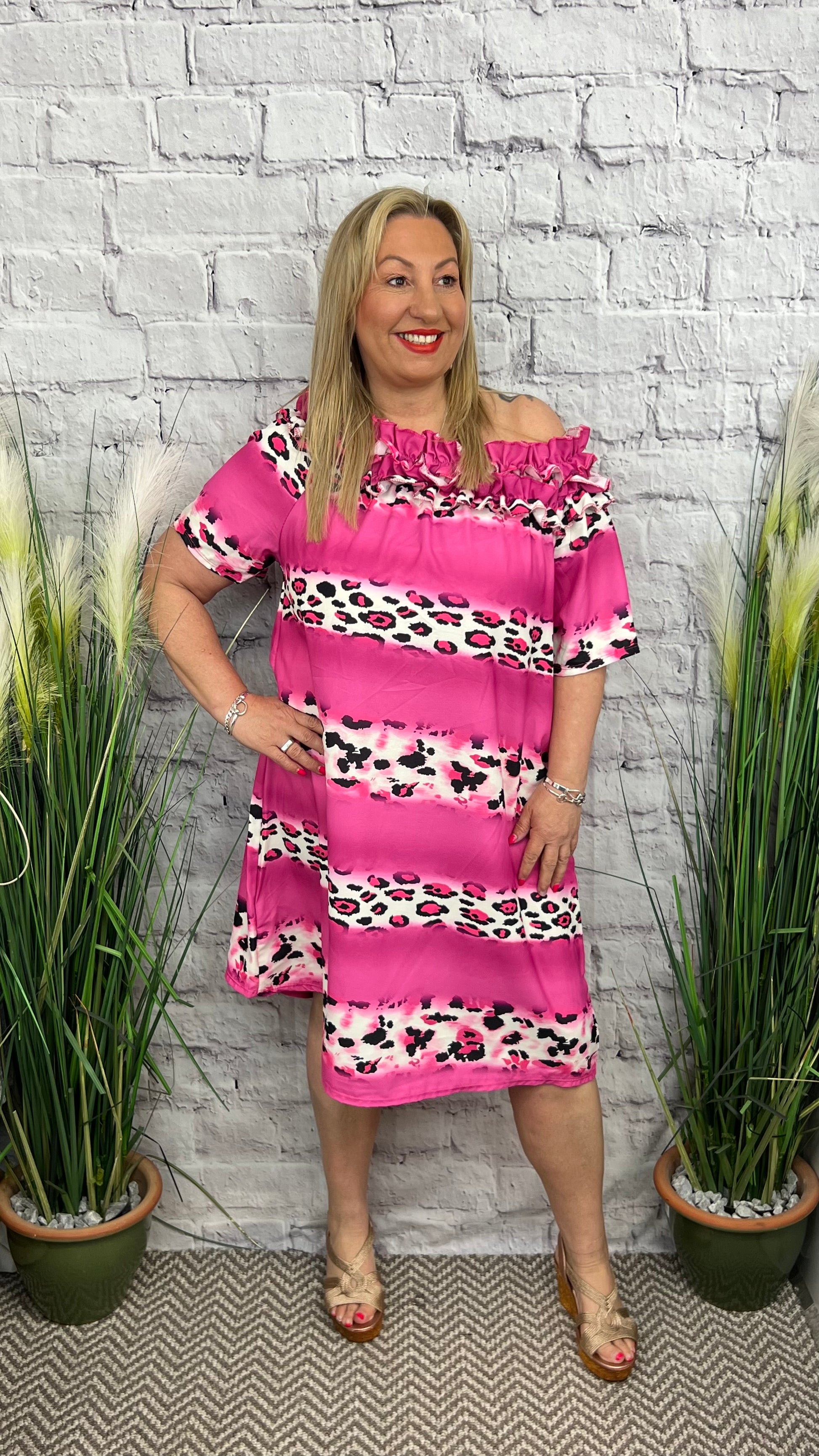 LANIE Leopard Print Bardot Dress