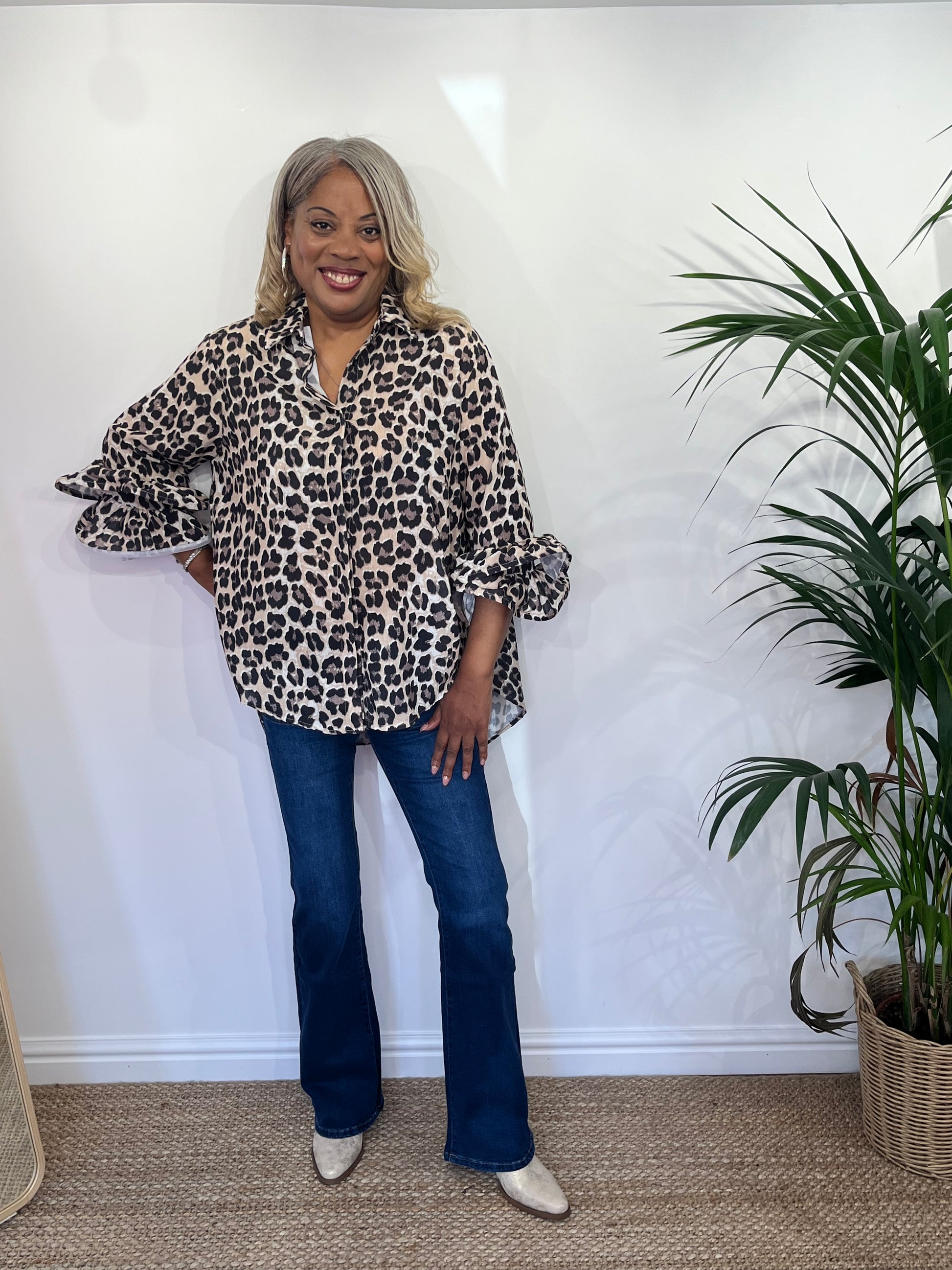 LANIE Leopard Print Flute Sleeve Shirt