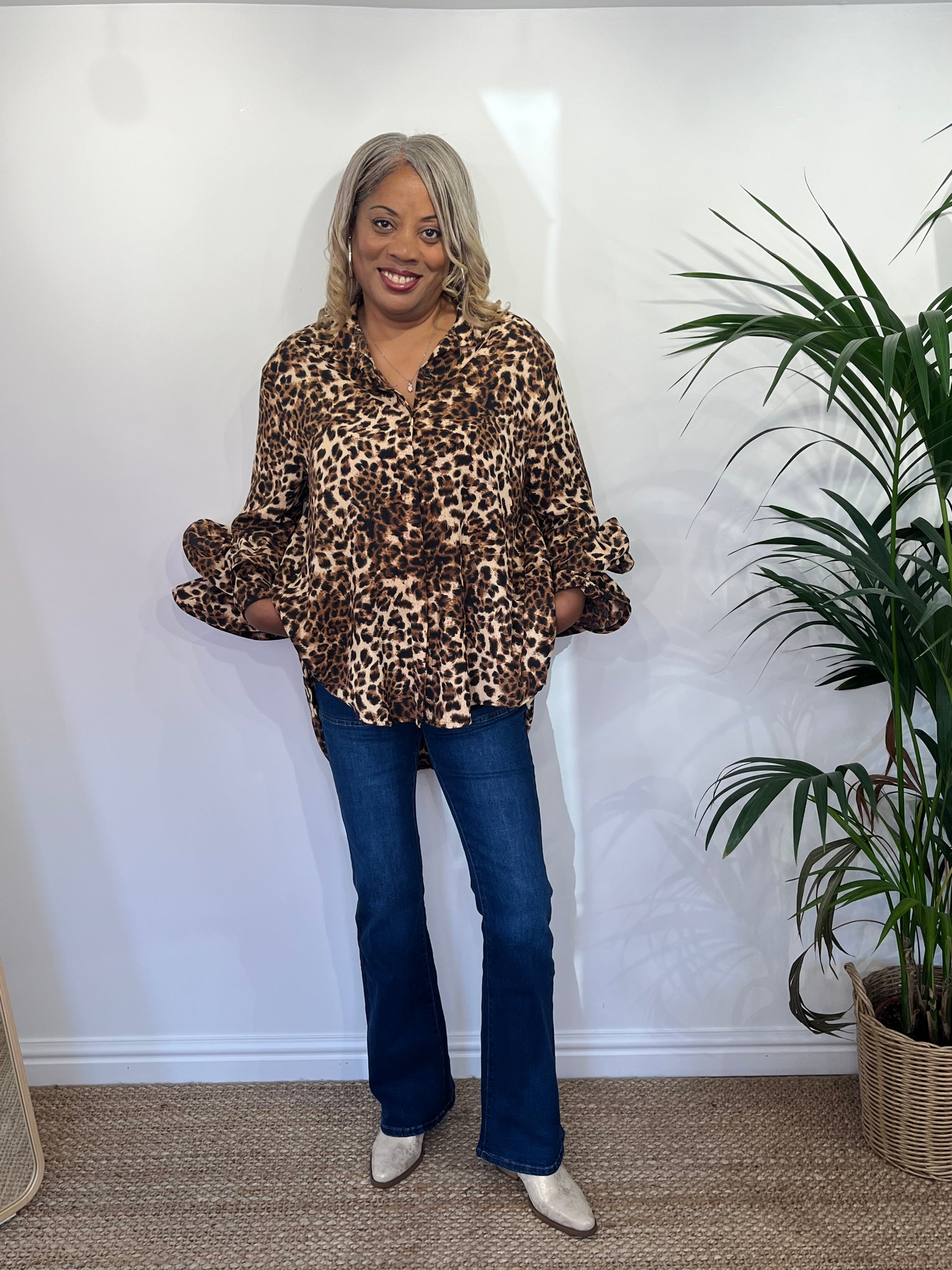 FIDELMA Flute Sleeve Animal Print Shirt