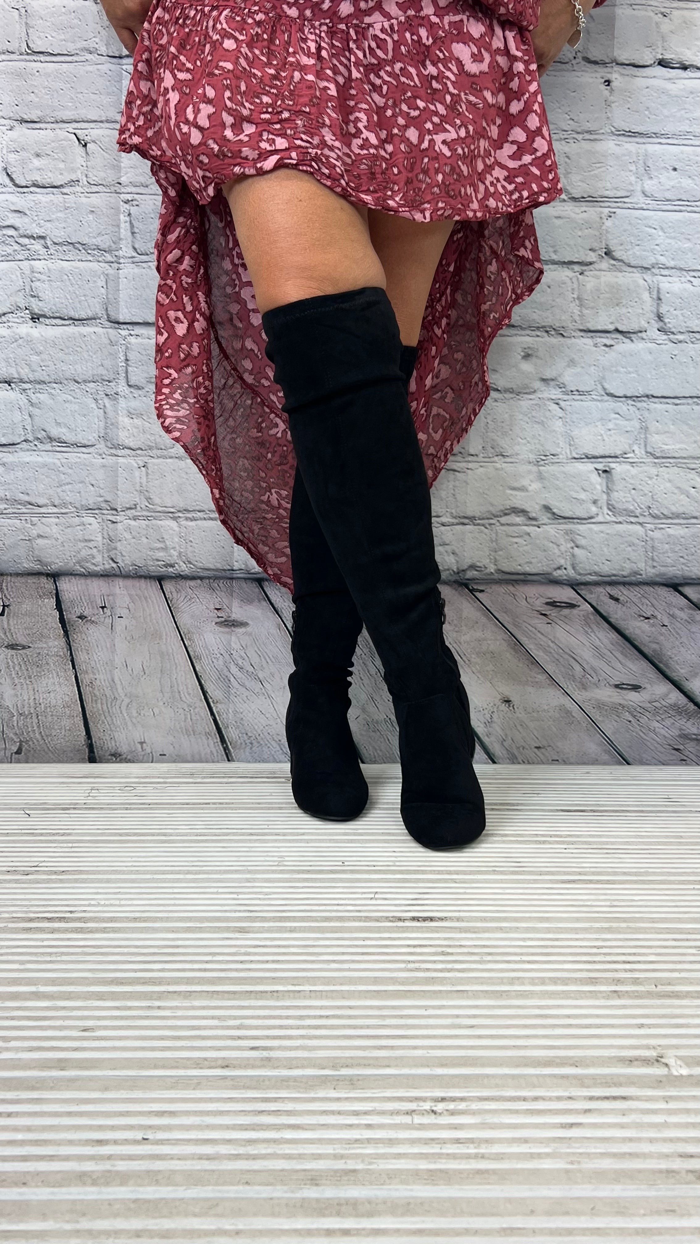 Faux Fur Suede Knee High Zip Up Heeled Boot