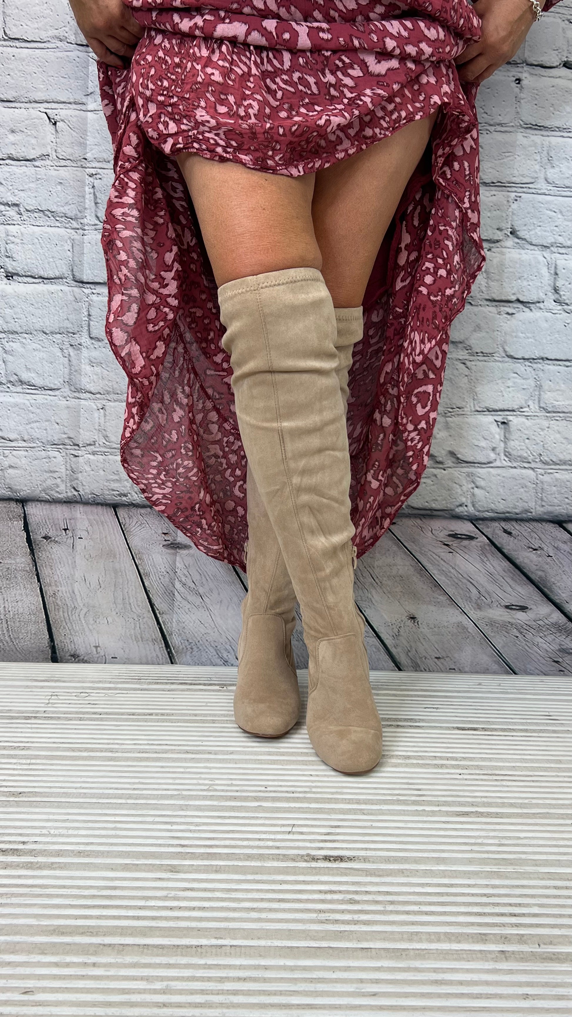 Faux Fur Suede Knee High Zip Up Heeled Boot