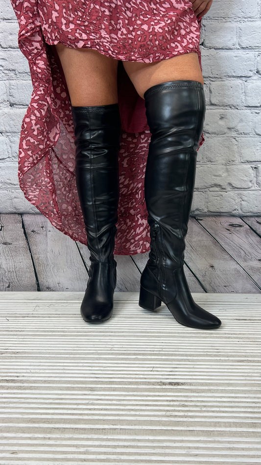 PU Faux Leather Knee High Zip Up Heeled Boot