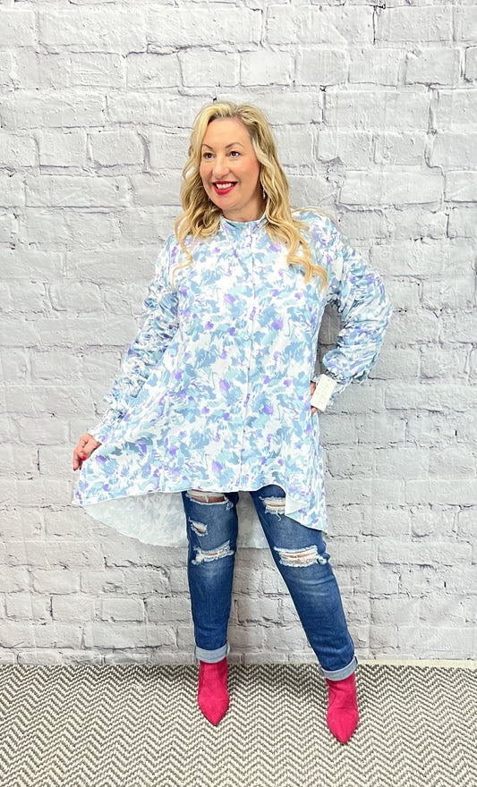 PERRIE Paint Splash Button Up High-low Shirt