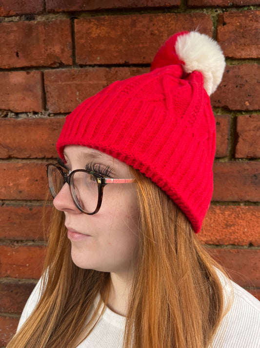 Two Toned Cable Knit Bobble Hat